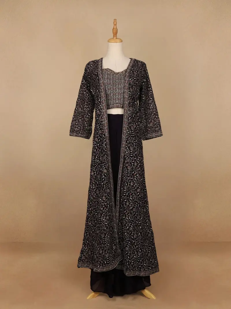 Dark Purple Floral Designed Georgette Palazzo Suit 1