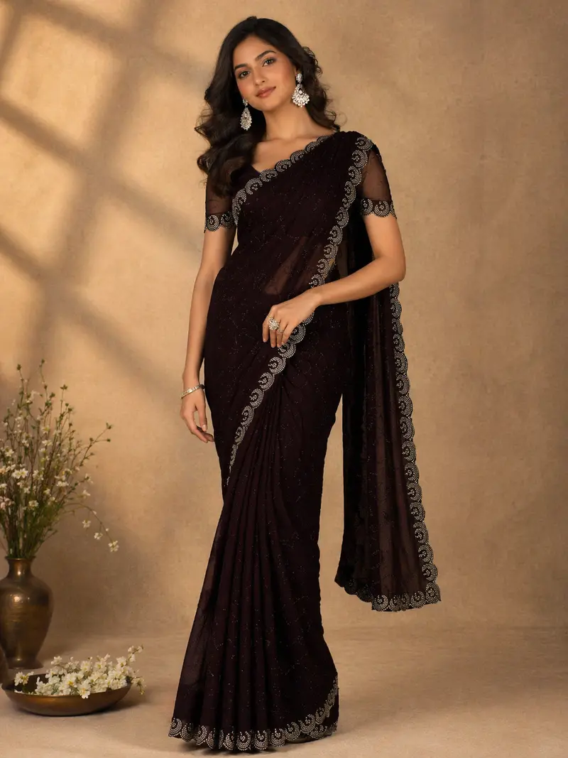 Dark Purple Floral Designed Georgette Saree With Stone Work Border 1