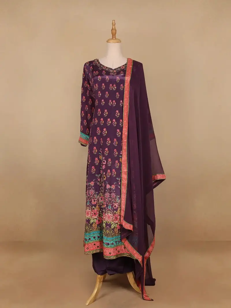 Dark Purple Floral Designed Semi Silk Straight Cut Salwar Suit 1