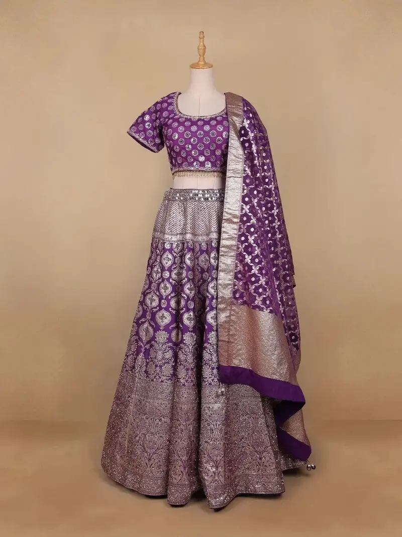 Dark Purple Floral Embroidered Banarasi Silk Lehenga For Bridesmaid 1