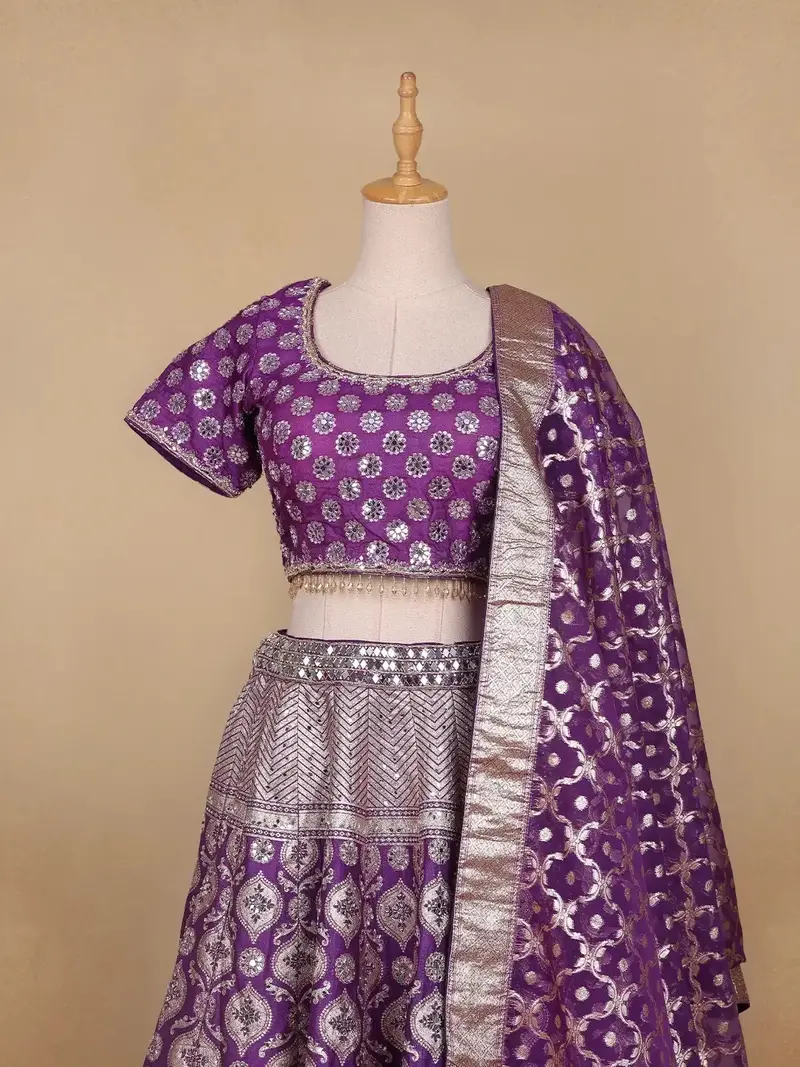 Dark Purple Floral Embroidered Banarasi Silk Lehenga For Bridesmaid 2