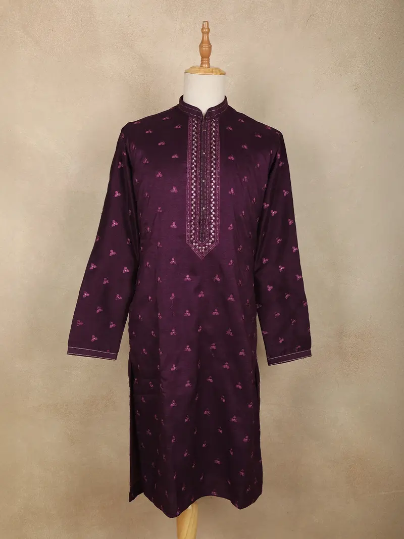 Dark Purple Floral Embroidered Cotton Kurta For Men 1