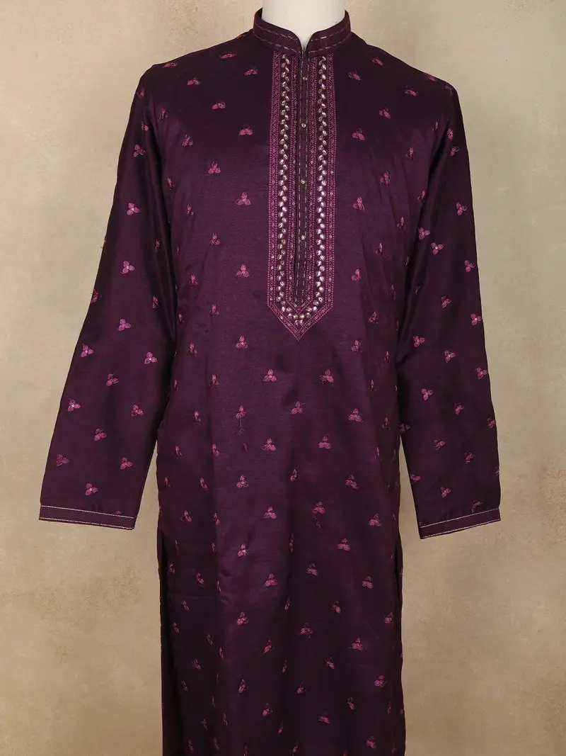 Dark Purple Floral Embroidered Cotton Kurta For Men 2