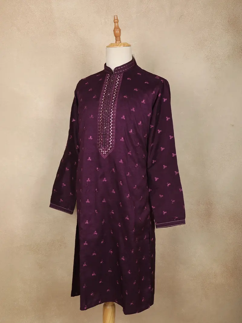Dark Purple Floral Embroidered Cotton Kurta For Men 3