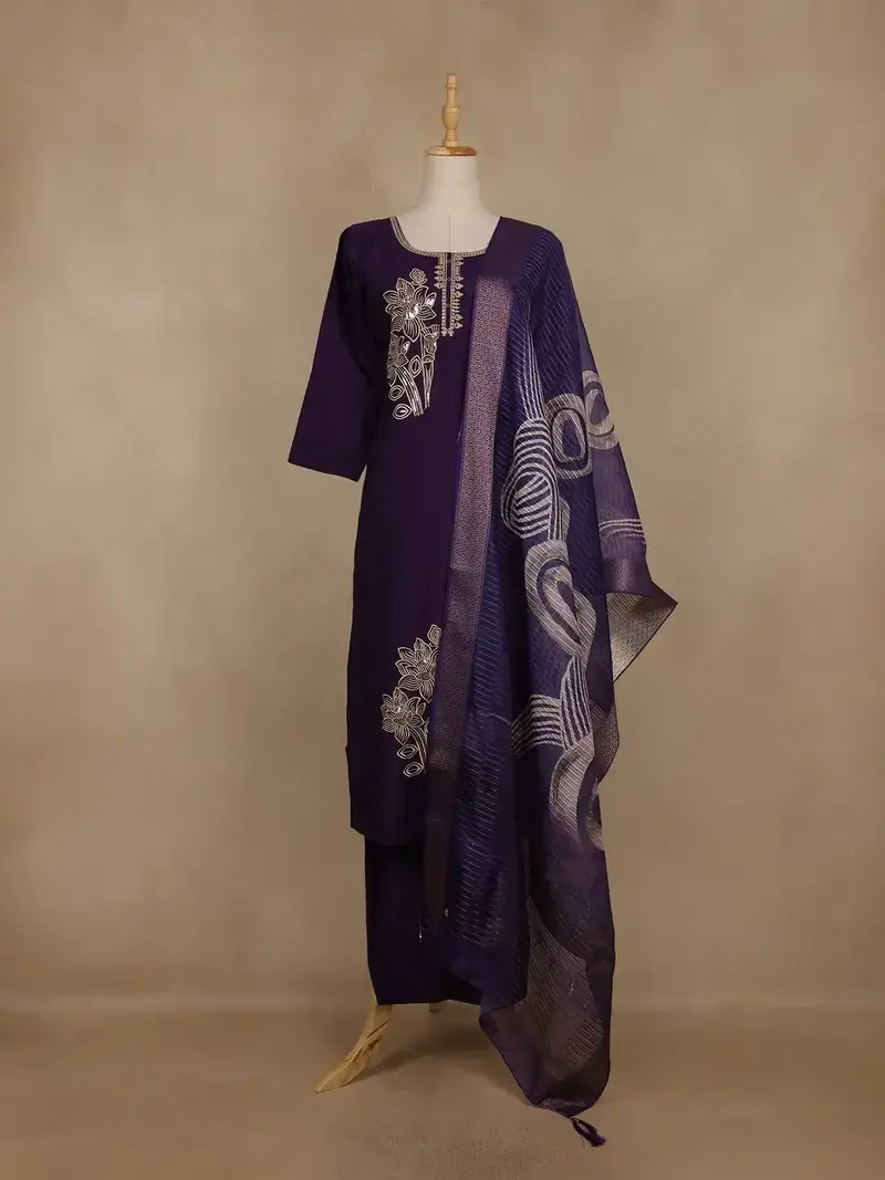 Dark Purple Floral Embroidered Cotton Salwar Suit With Dupatta 1