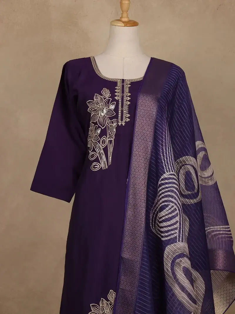 Dark Purple Floral Embroidered Cotton Salwar Suit With Dupatta 2