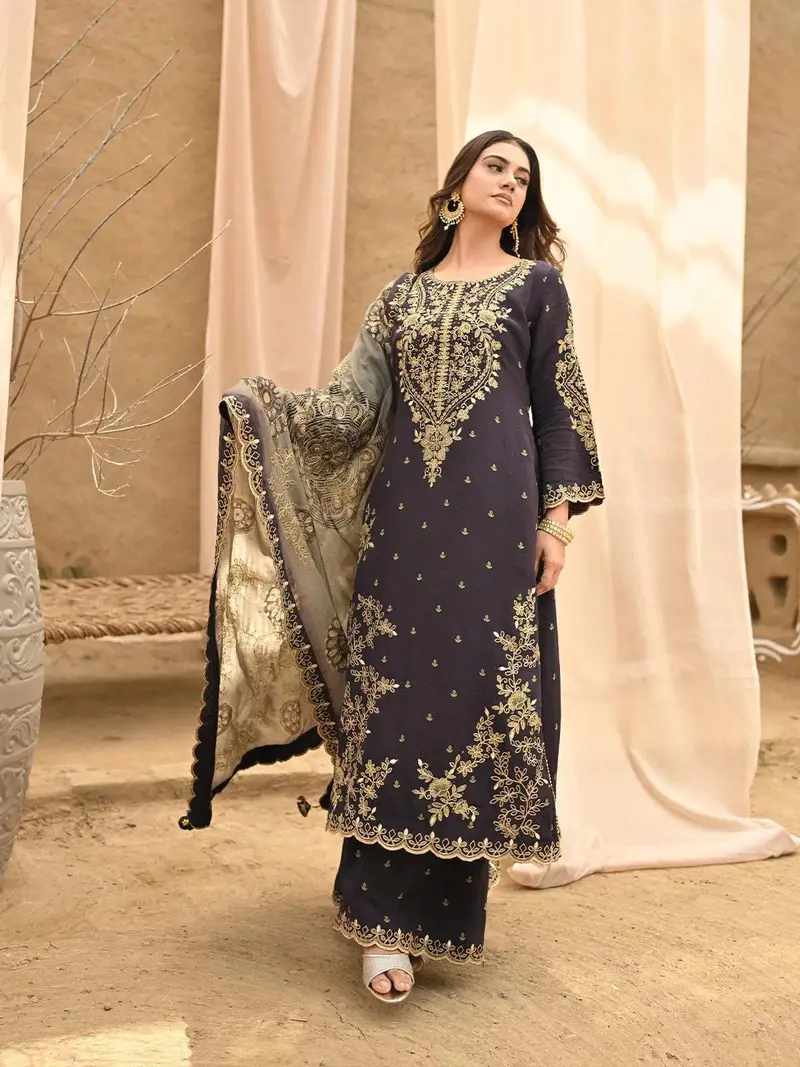 Dark Purple Floral Embroidered Crepe Palazzo Salwar Suit For Women 1