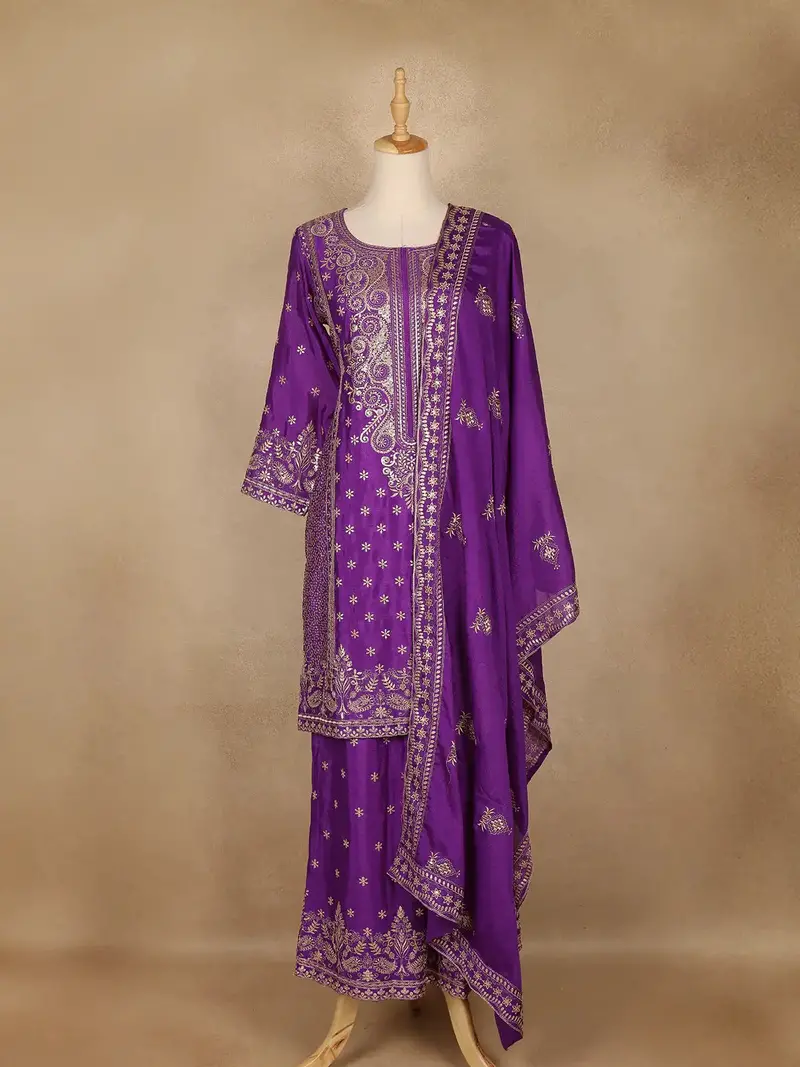 Dark Purple Floral Embroidered Georgette Palazzo Suit 1