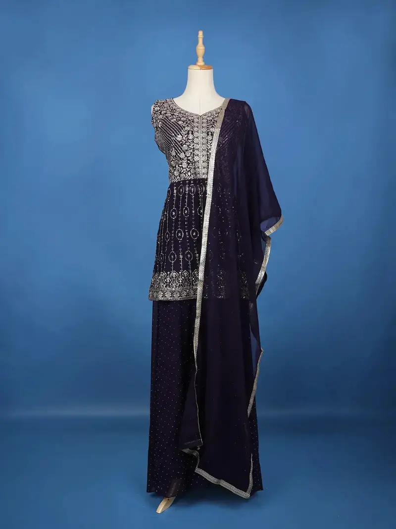 Dark Purple Floral Embroidered Georgette Palazzo Suit 1