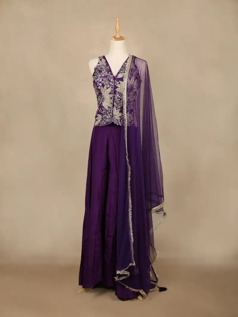 Dark Purple Floral Embroidered Georgette Palazzo Suit 1