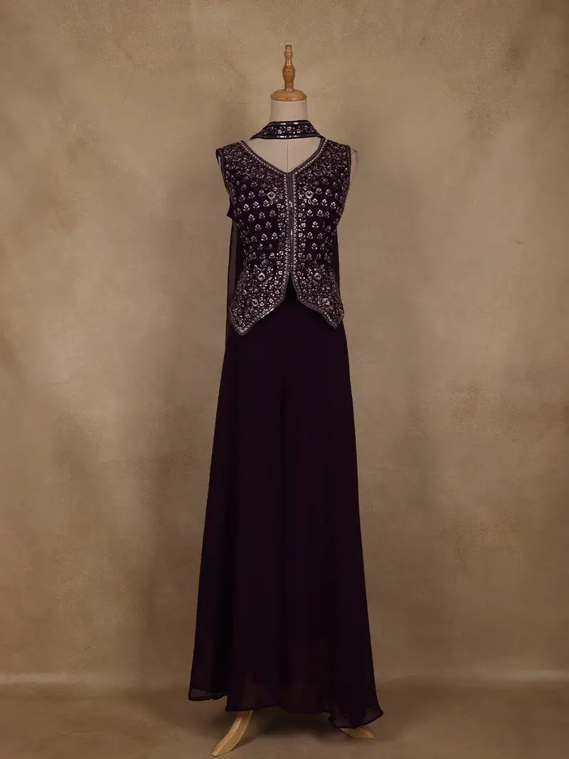 Dark Purple Floral Embroidered Georgette Palazzo Suit 1