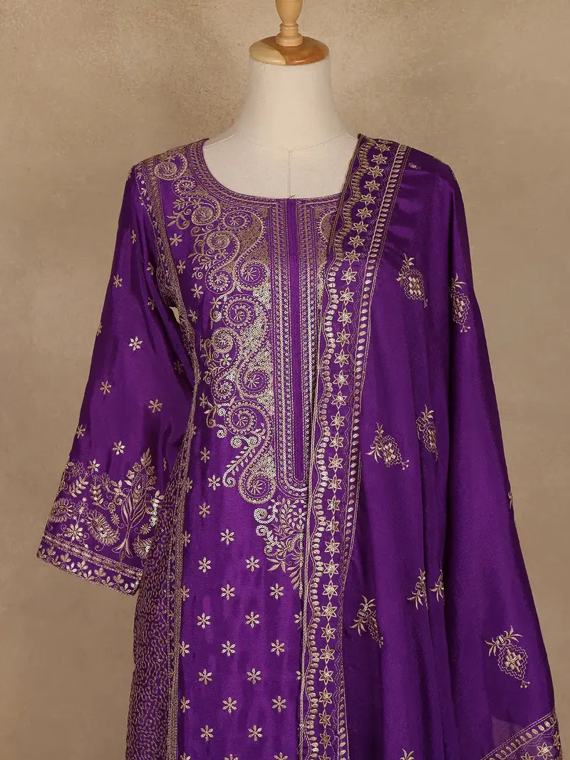 Dark Purple Floral Embroidered Georgette Palazzo Suit 2