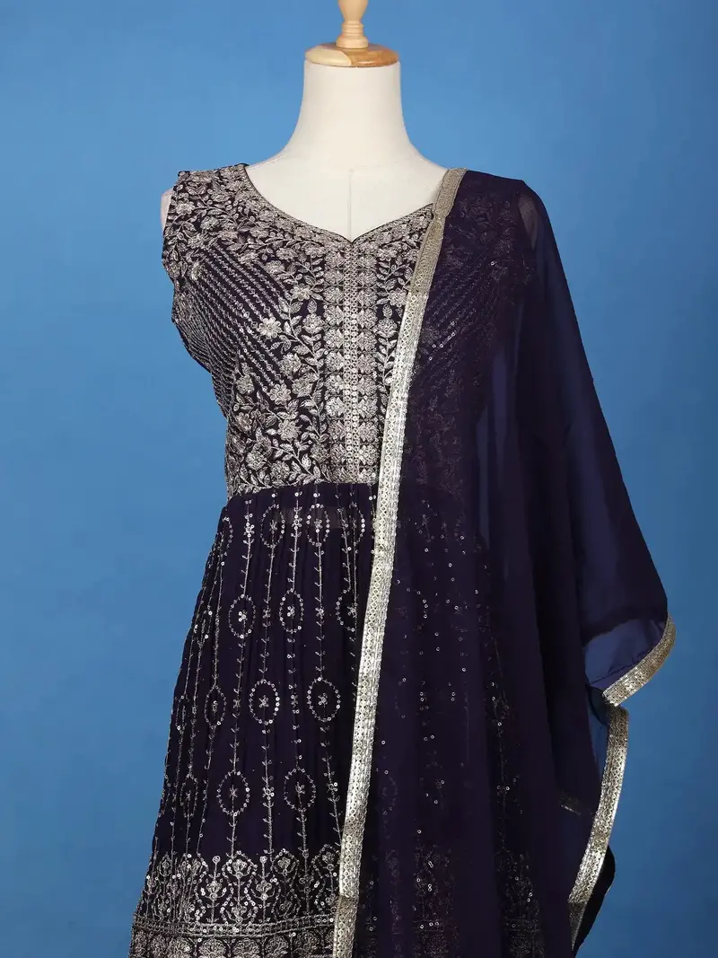 Dark Purple Floral Embroidered Georgette Palazzo Suit 2
