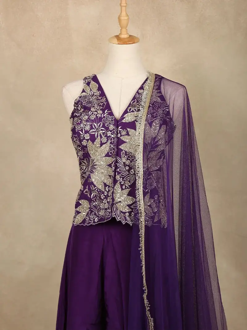 Dark Purple Floral Embroidered Georgette Palazzo Suit 2