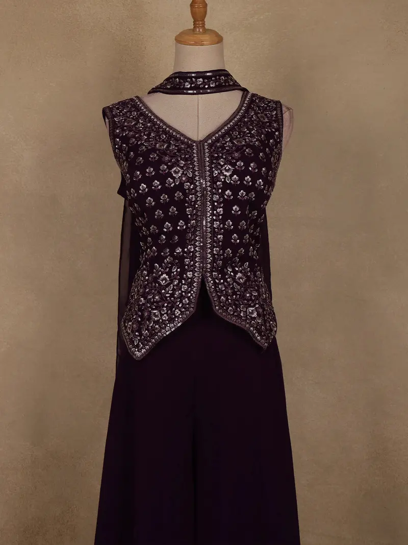 Dark Purple Floral Embroidered Georgette Palazzo Suit 2