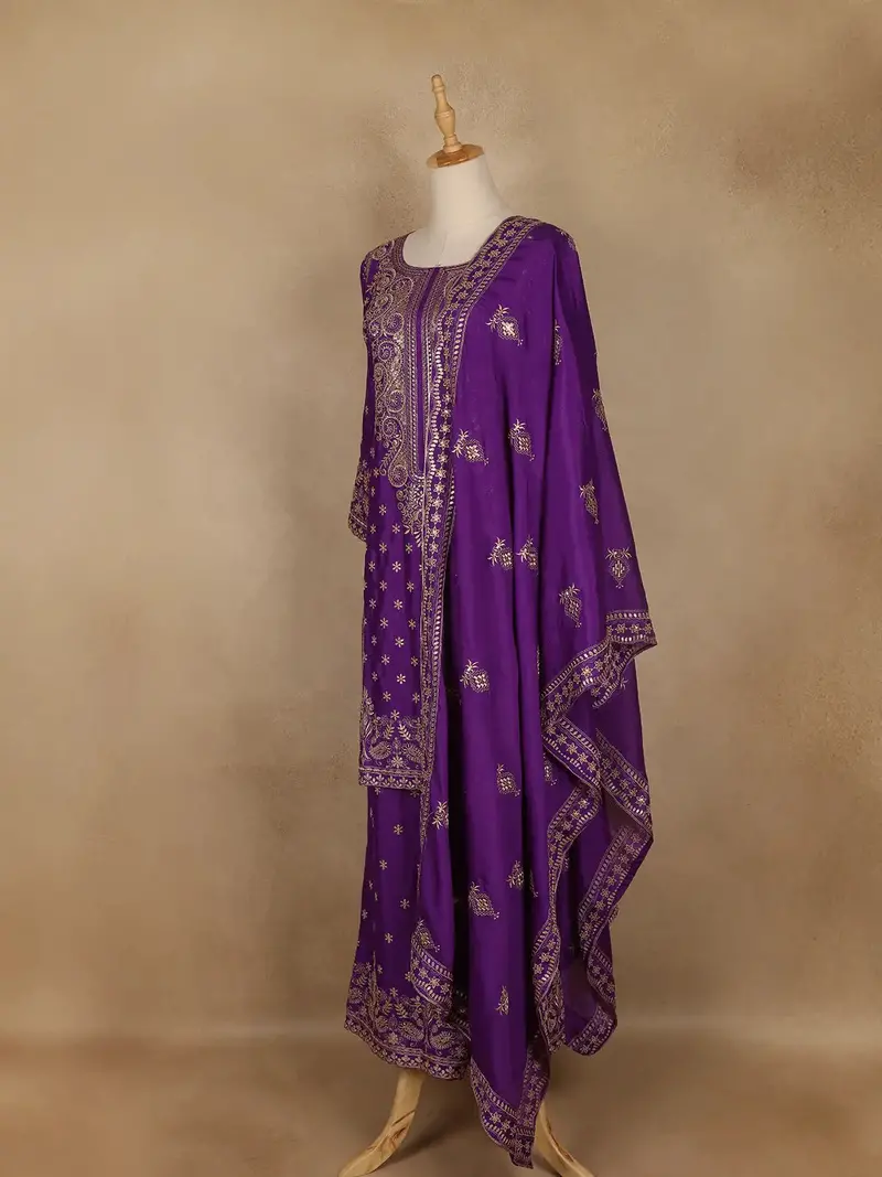 Dark Purple Floral Embroidered Georgette Palazzo Suit 3