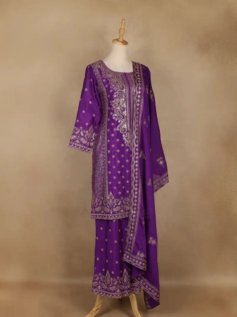 Dark Purple Floral Embroidered Georgette Palazzo Suit 4