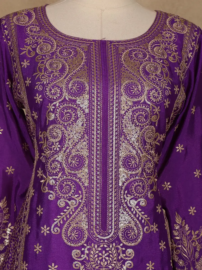 Dark Purple Floral Embroidered Georgette Palazzo Suit 5