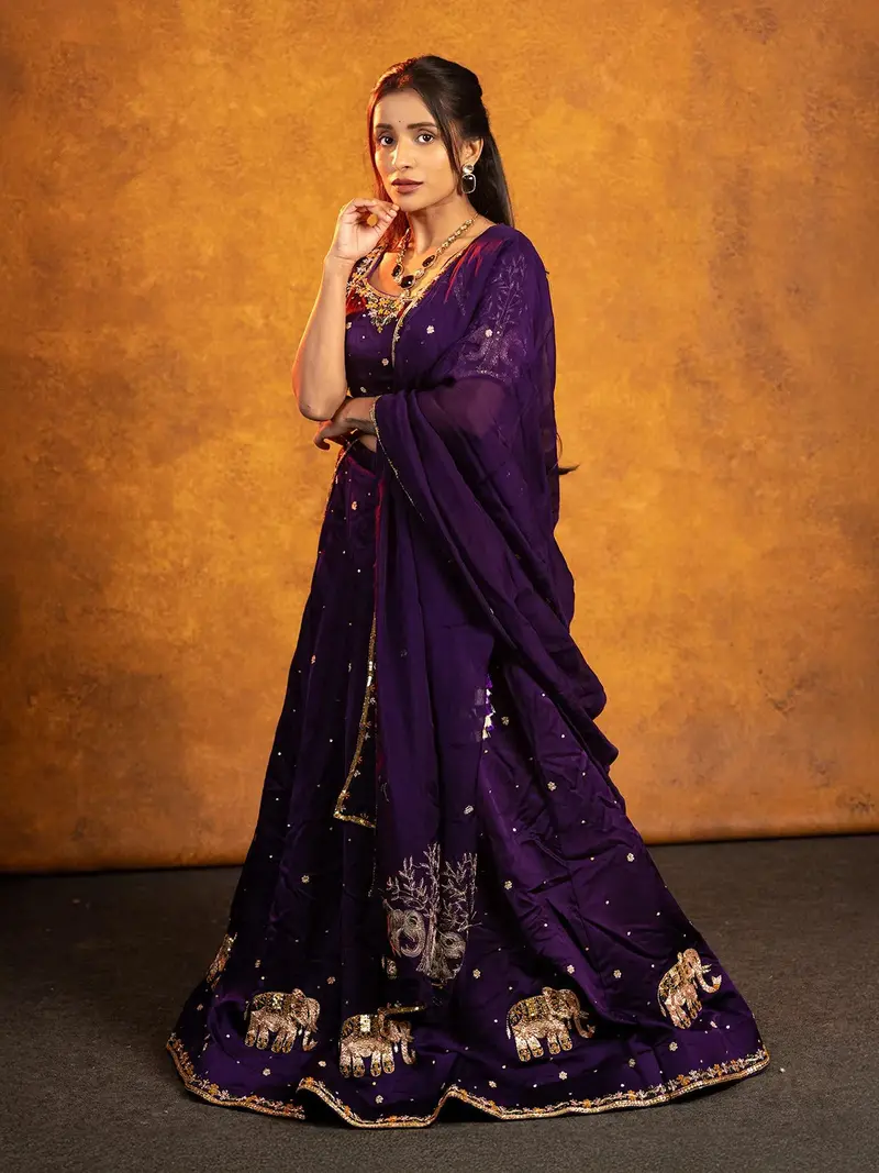 Dark Purple Floral Embroidered Raw Silk Bridesmaid Lehenga 1