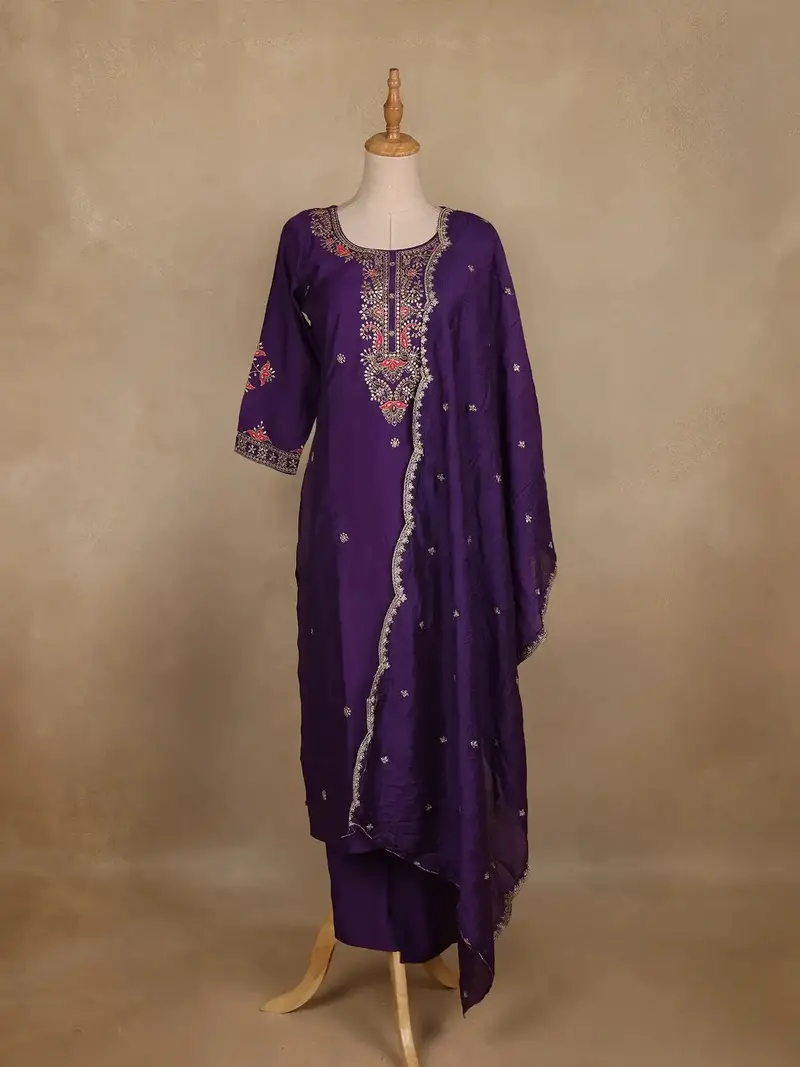 Dark Purple Floral Embroidered Silk Salwar Suit With Dupatta 1