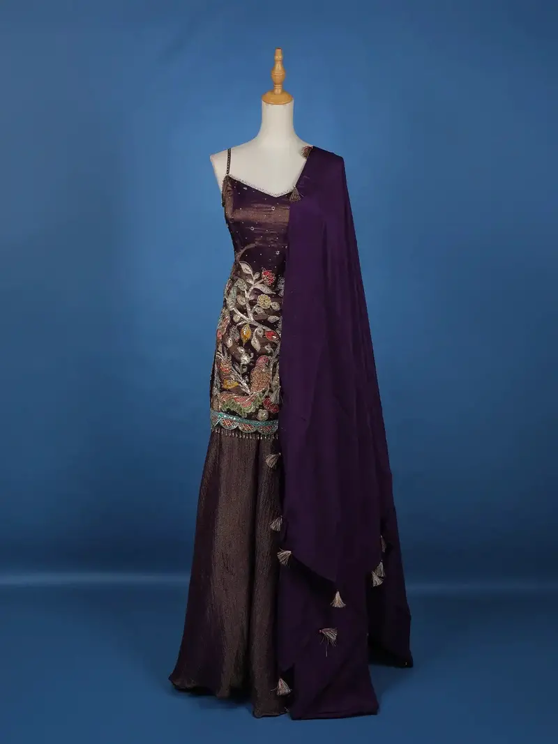 Dark Purple Floral Embroidery Tissue Silk Palazzo Salwar Suit 1