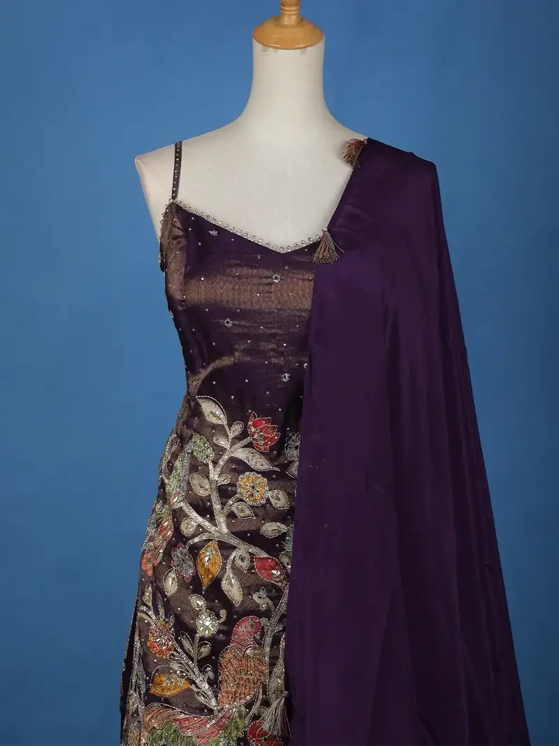 Dark Purple Floral Embroidery Tissue Silk Palazzo Salwar Suit 2