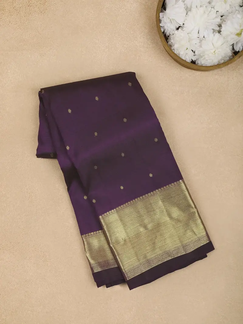 Dark Purple Floral Motifs Pure Kanchipuram Silk Saree 1