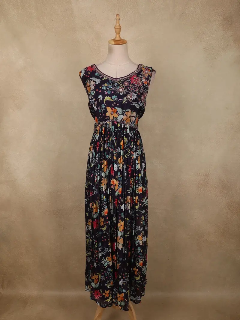Dark Purple Floral Printed Design Chiffon Fancy Gown 1