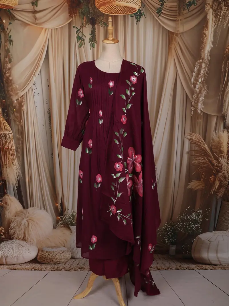 Dark Purple Floral Printed Design Cotton Anarkali Salwar Suit With Dupatta 1