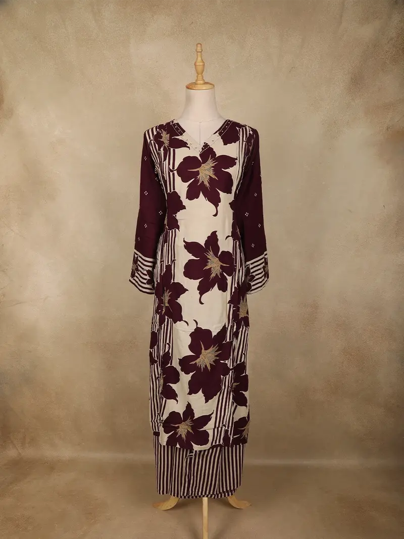 Dark Purple  Floral Printed Design Cotton Co-Ord Set 1