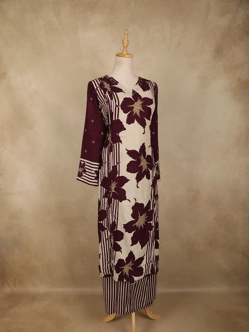 Dark Purple Floral Printed Design Cotton Co-Ord Set 3