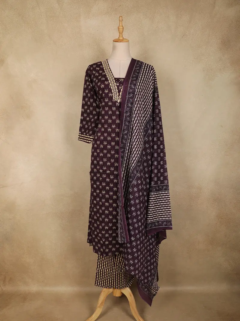 Dark Purple Floral Printed Design Cotton Straight Cut Salwar Suit With Dupatta 1