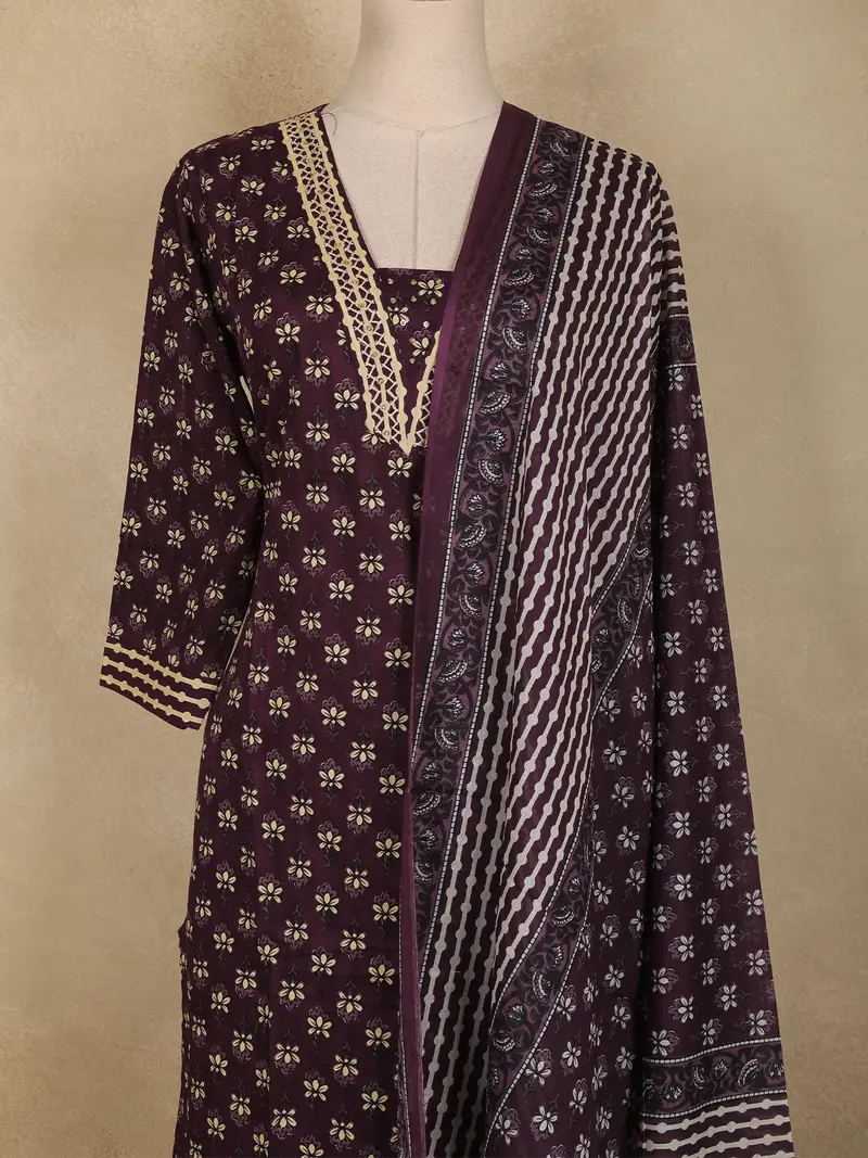 Dark Purple Floral Printed Design Cotton Straight Cut Salwar Suit With Dupatta 2