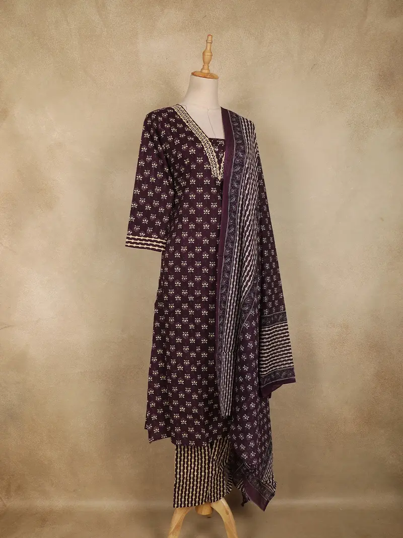 Dark Purple Floral Printed Design Cotton Straight Cut Salwar Suit With Dupatta 3