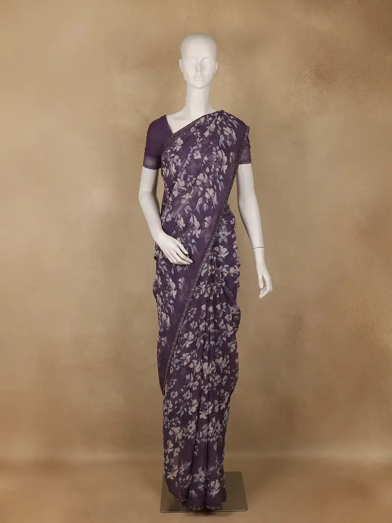 Dark Purple Floral Printed Georgette Saree 1