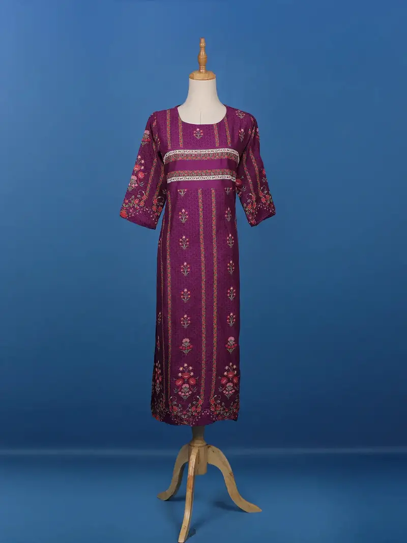 Dark Purple Floral Printed Semi Silk Kurti 1