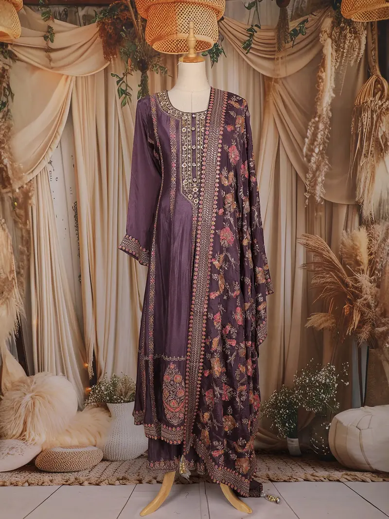 Dark Purple Floral Thread And Sequins Embroidered Design Crepe Palazzo Suit 1