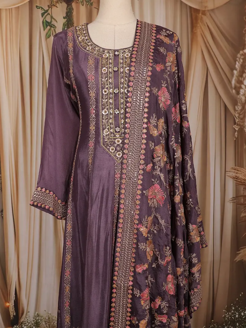 Dark Purple Floral Thread And Sequins Embroidered Design Crepe Palazzo Suit 2