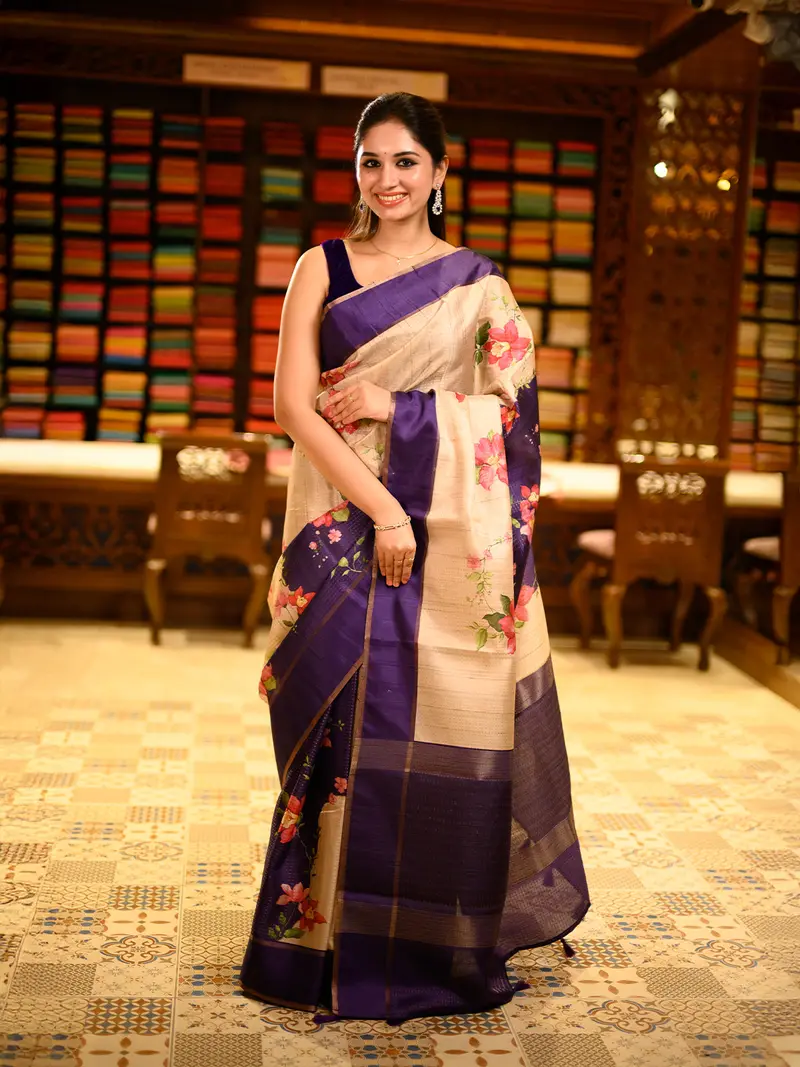 Dark Purple Floral Woven Design Semi Tussar Saree With Contrast Border 1