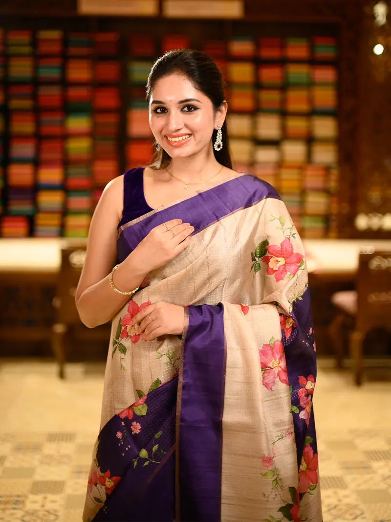 Dark Purple Floral Woven Design Semi Tussar Saree With Contrast Border 2