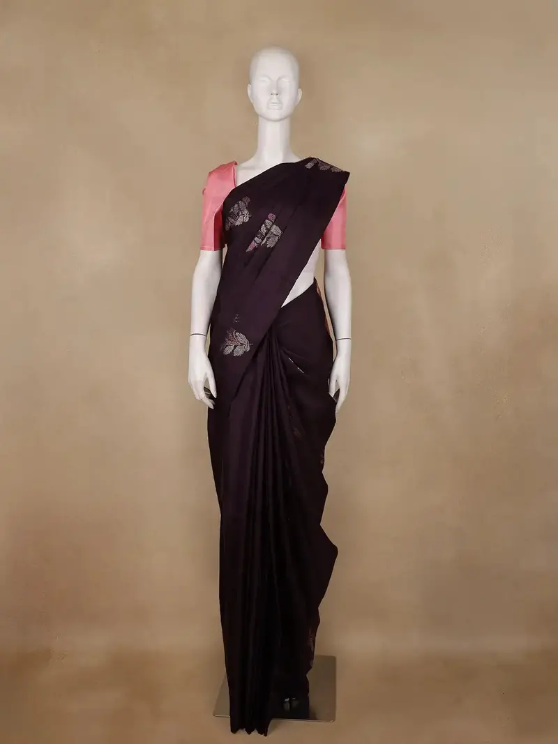 Dark Purple Floral Woven Pure Kanchipuram Silk Saree 1