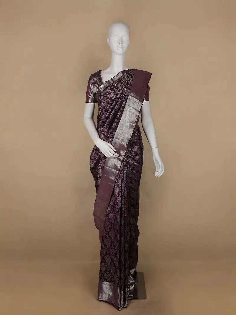 Dark Purple Floral Woven Pure Kanchipuram Silk Saree 1
