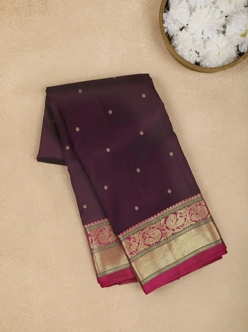 Dark Purple Floral Woven Pure Kanchipuram Silk Saree 1