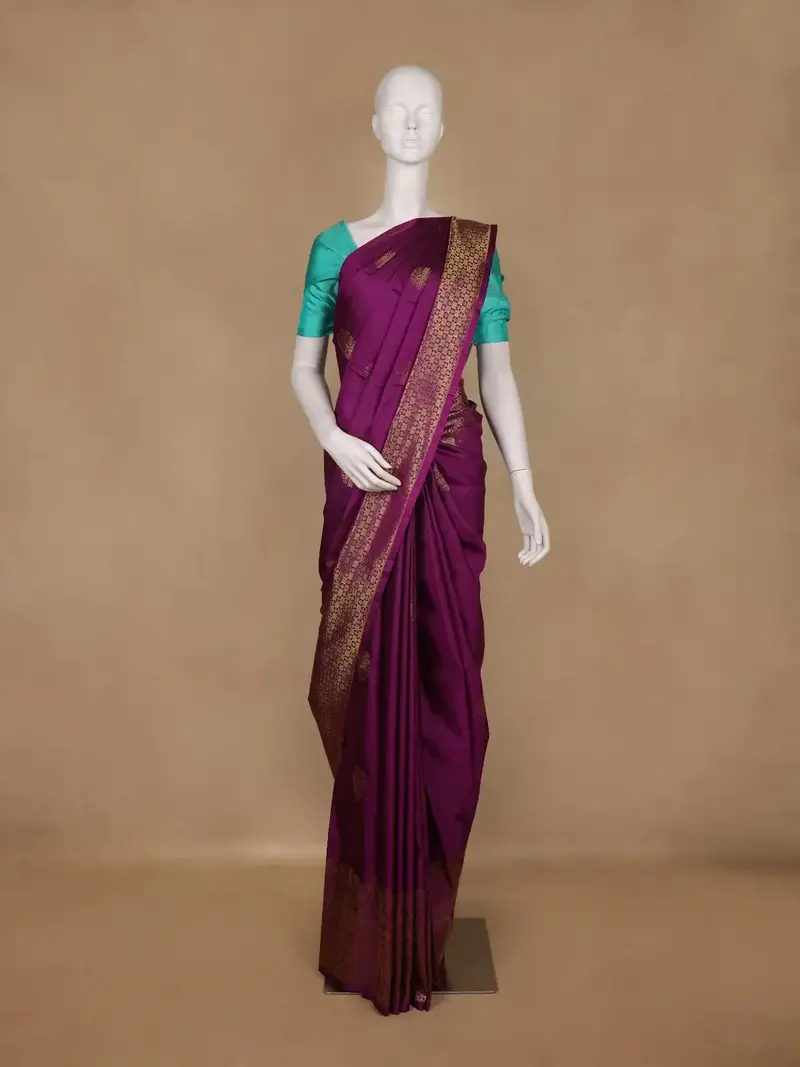 Dark Purple Floral Woven Pure Kanchipuram Silk Saree 1