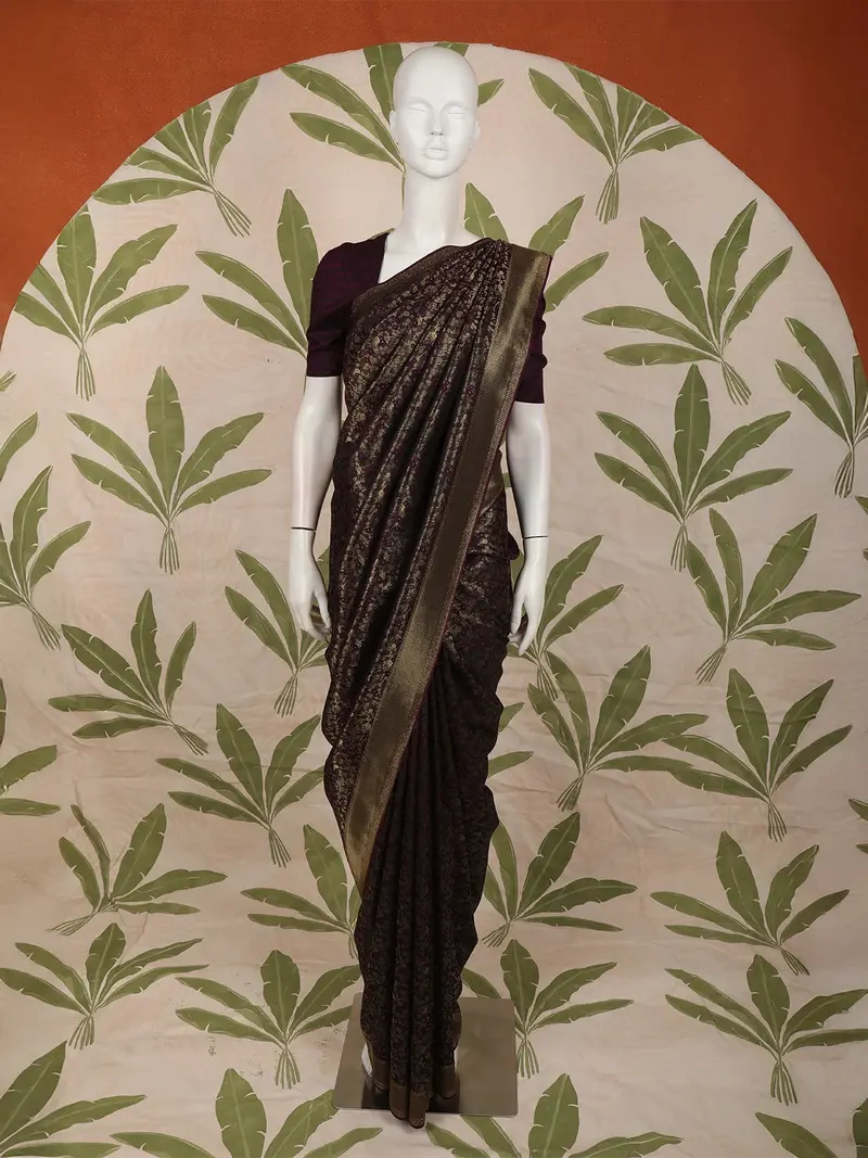 Dark Purple Floral Zari Woven Design Banarasi Silk Fancy Saree With Designer Border 1