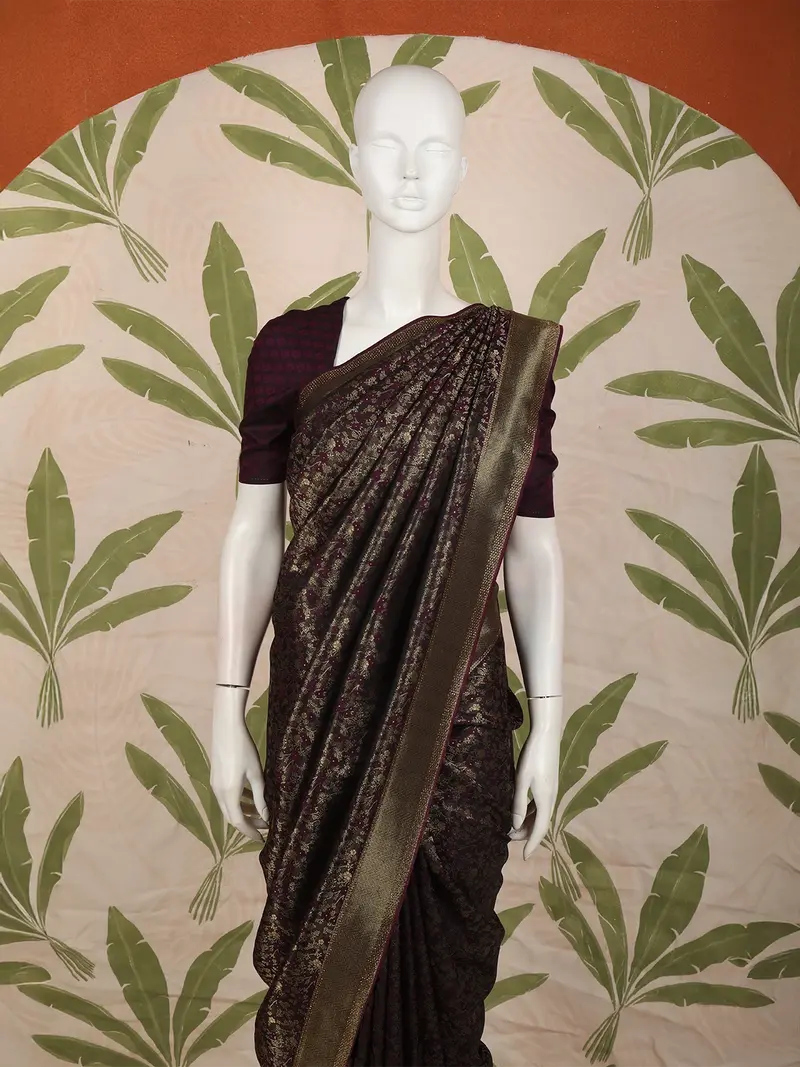 Dark Purple Floral Zari Woven Design Banarasi Silk Fancy Saree With Designer Border 2