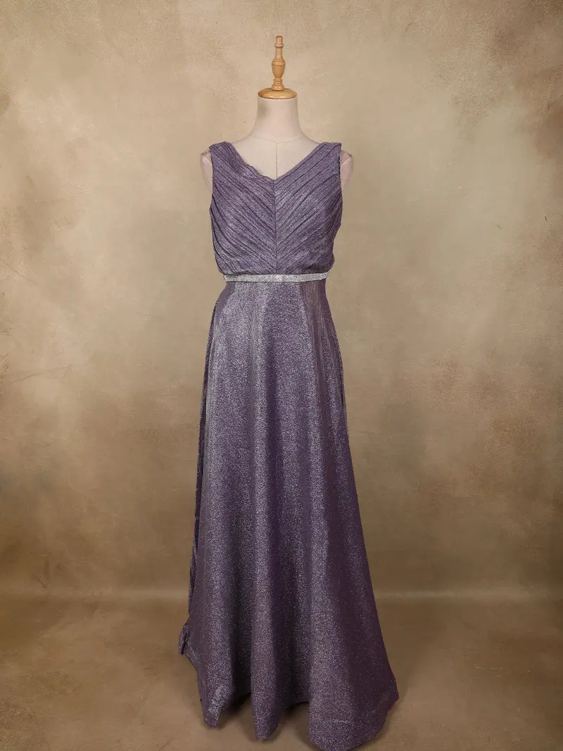 Dark Purple Glitter Design Net Party Wear Gown With Waist Belt 1