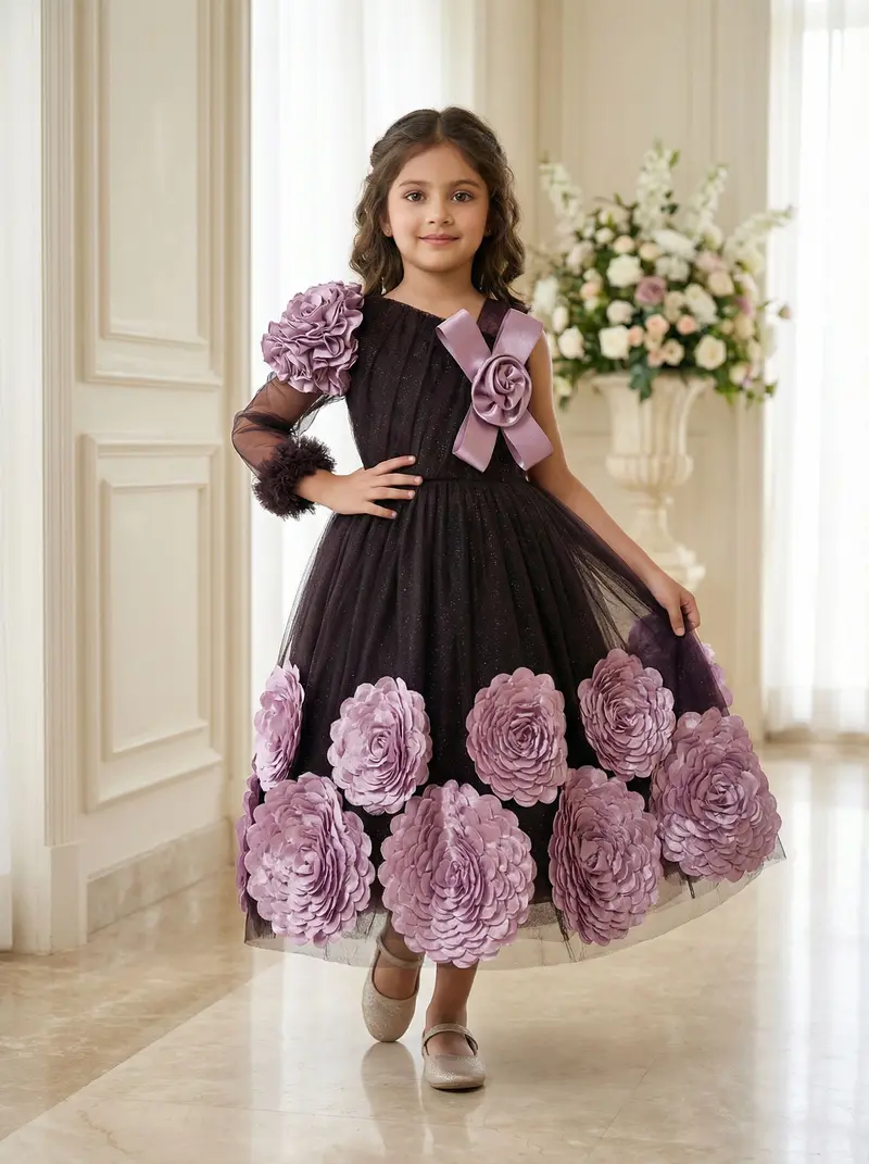 Dark Purple Glitter Net Gown Adorned With 3D Flowers 1