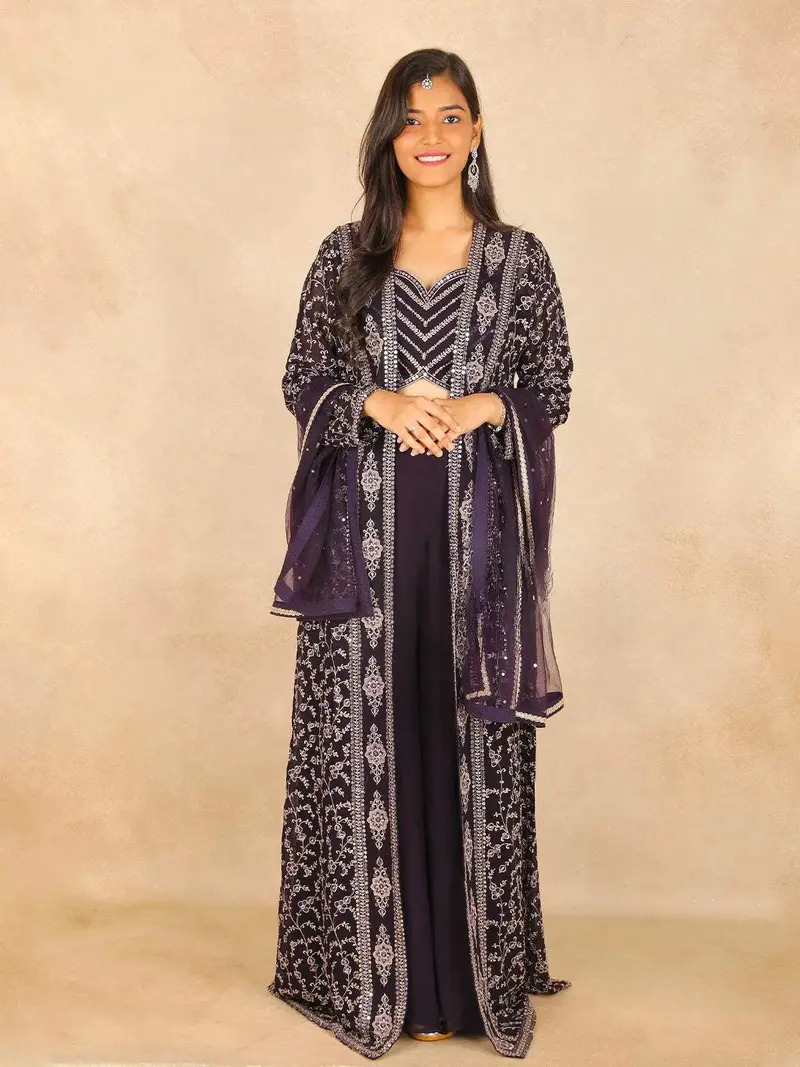 Dark Purple Leaf Designed Palazzo Salwar Suit 1
