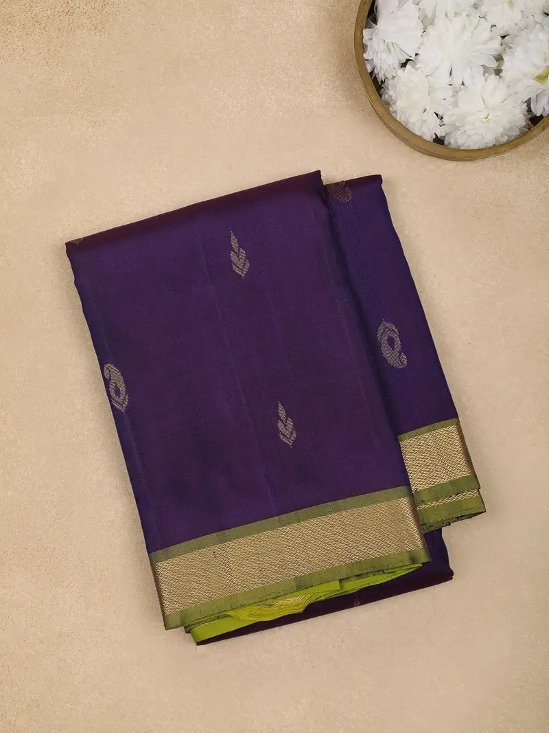 Dark Purple Leaf Motif Pure Kanchipuram Silk Saree 1